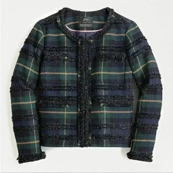 J. Crew Lady Jacket Blazer In Tweed Trim Black Watch Plaid Green Blue Textured - Picture 1 of 15